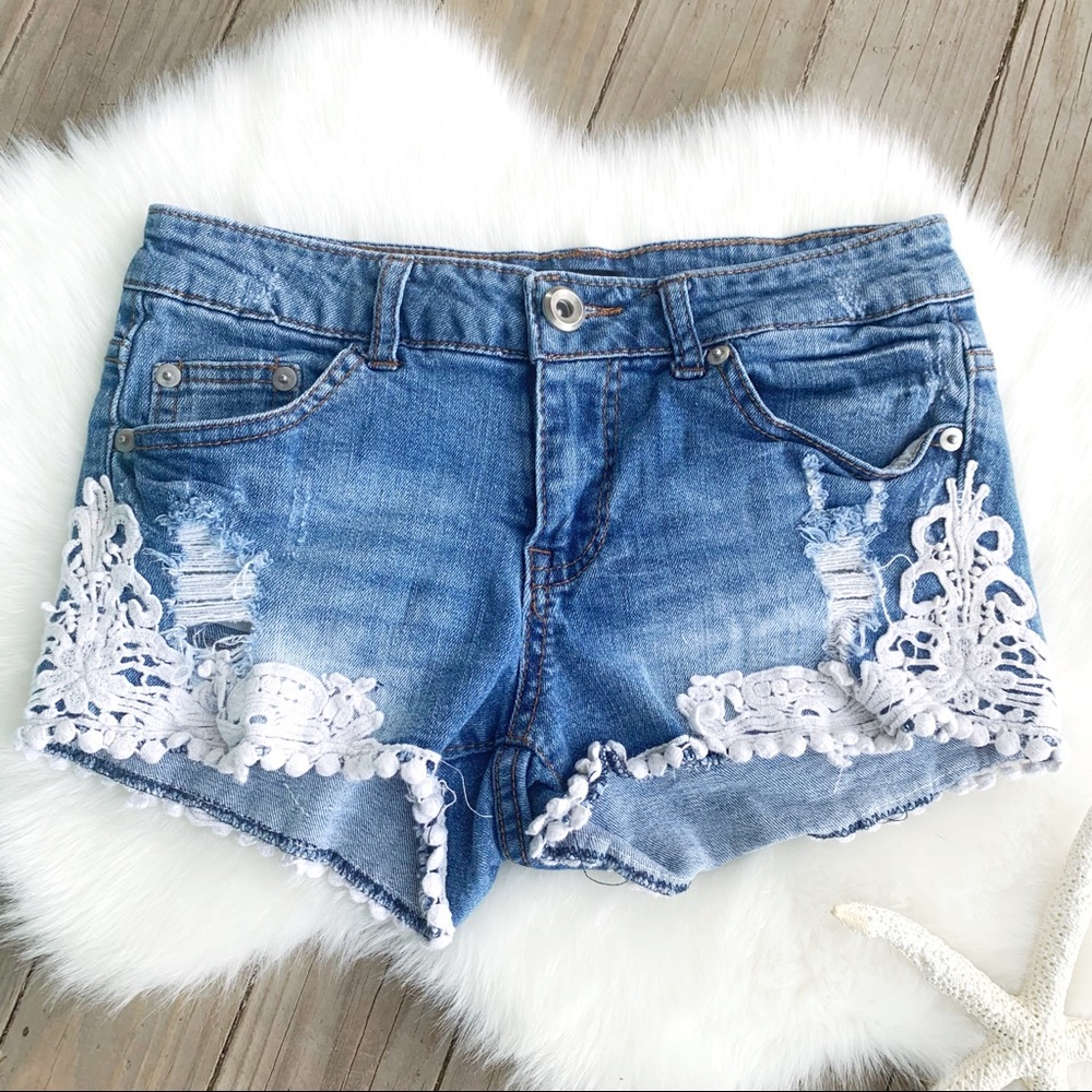 EMPYRE LOW Waist Distressed Y2K Lace Denim Jean Shorts Size 3